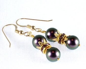 Purple Iridescent Swarovski Pearl Earrings, Rhinestone, Gold Filled, Bridesmaid