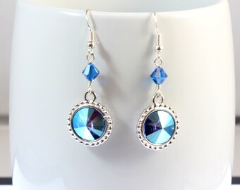 Sapphire Shimmer Austrian Long Dangle Earrings, September Birthday, Blue Dangle Earrings