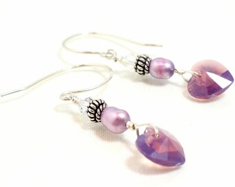 Swarovski Heart Earrings, Crystal Earrings, Valentines Gift, Cyclamen Opal Swarovski Crystal, Pearl, Sterling Silver