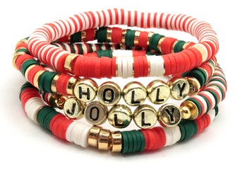 Christmas Polyclay Stretch Bracelets, Holly Jolly Bracelets, Sold Separately or Together