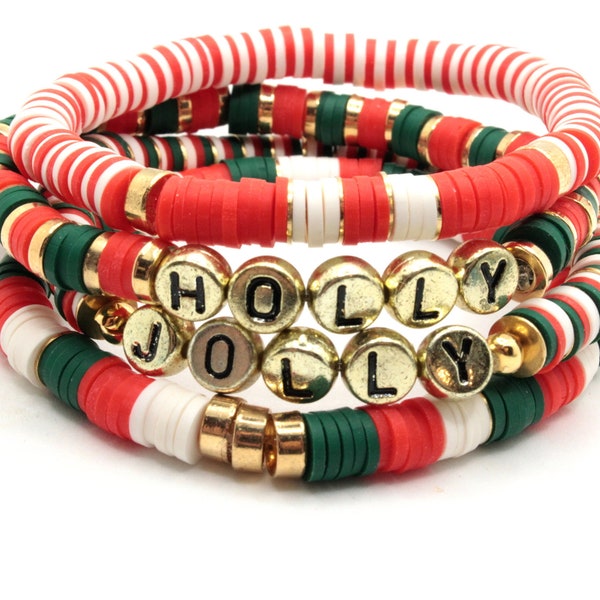 Christmas Polyclay Stretch Bracelets, Holly Jolly Bracelets, Sold Separately or Together