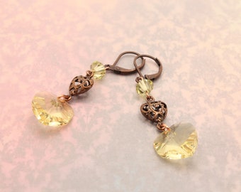 Yellow Crystal Heart Earrings, Jonquil Yellow, Antique Copper Filigree Hearts, Valentines Day Earrings, November Birthstone