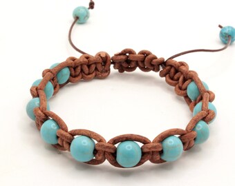 Turquoise Howlite and Leather Macrame Bracelet, Bracelet for Him or Her, Square Knot Bracelet, Adjustable Length