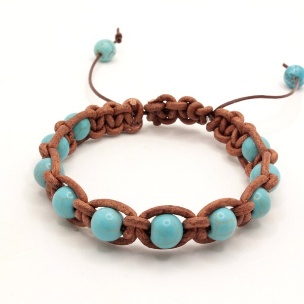 Turquoise Howlite and Leather Macrame Bracelet, Bracelet for Him or Her, Square Knot Bracelet, Adjustable Length