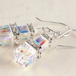 Swarovski Crystal Earrings, Aurora Borealis Earrings, Crystal Cube Earrings, Fine Silver, Bridal Earrings, April Birthstone image 3