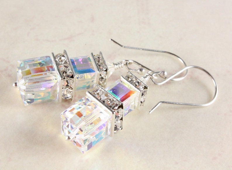 Swarovski Crystal Earrings, Aurora Borealis Earrings, Crystal Cube Earrings, Fine Silver, Bridal Earrings, April Birthstone image 3