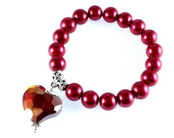 Rote Perlen und Kristall Valentines Armband, Herz Stretch Armband, Valentines, Valentines Geschenk, Rotes Herz