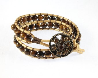 Leather Wrap Tiger Eye and Gold Double Wrap Bracelet