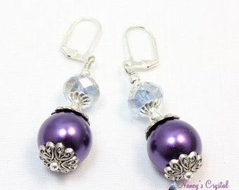 Purple and Silver Pearl and Crystal Dangle Earrings