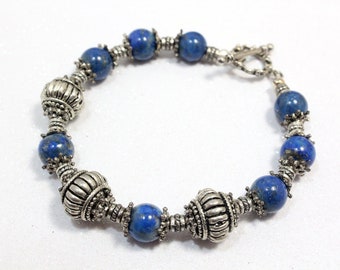 Lapis Lazuli and Silver Bracelet, Blue and Silver Bead Bracelet, Statement Bracelet, Antique Silver Beads