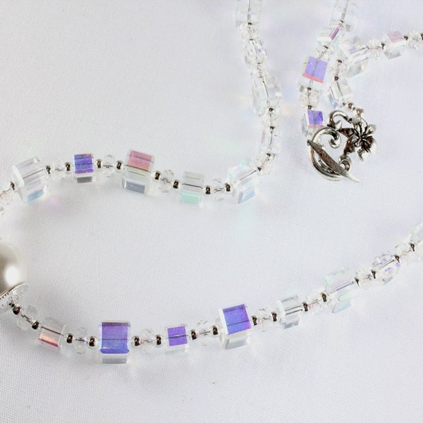 Celestial Crystal AB Cubes Necklace with Pearl Focal