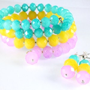 Pastel Memory Wire Bracelet and Earrings, Opaque Crystals, Spring, Easter image 1