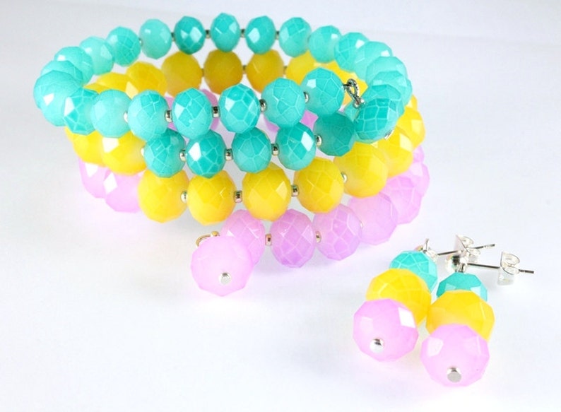 Pastel Memory Wire Bracelet and Earrings, Opaque Crystals, Spring, Easter image 1