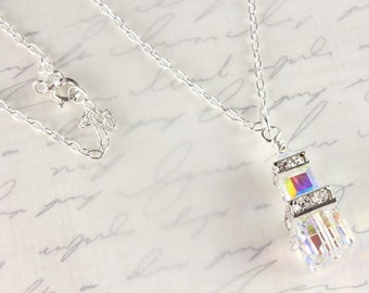 Swarovski Clear Aurora Borealis Crystal Pendant, Crystal Cubes, Bridal Necklace, Wedding, Sterling Silver, April Birthstone