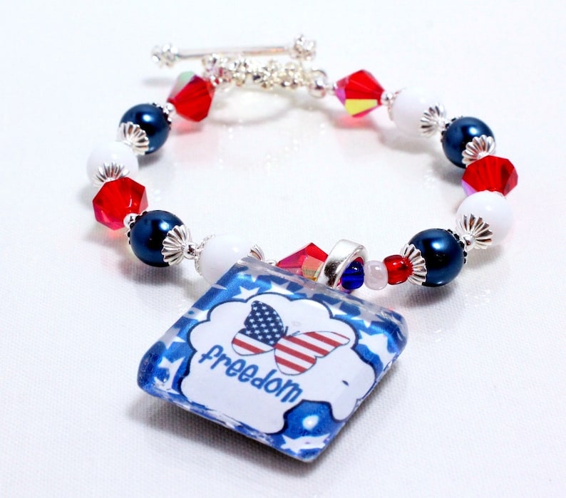 Patriotic Bracelet, Red White Blue, American Flag, Patriotic Beaded Bracelet, Freedom Bracelet, Fourth of July, Memorial Day image 1