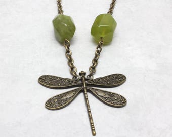 Dragonfly Necklace, Kiwi Jasper, Vintage Look, Antique Bronze, Antique Dragonfly, Long Necklace, Fall Jewelry, Woodland