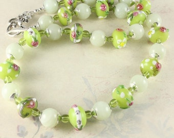 Floral Lampwork Bead Necklace, Green, Pink, White, New Jade, Spring Necklace, Summer Necklace