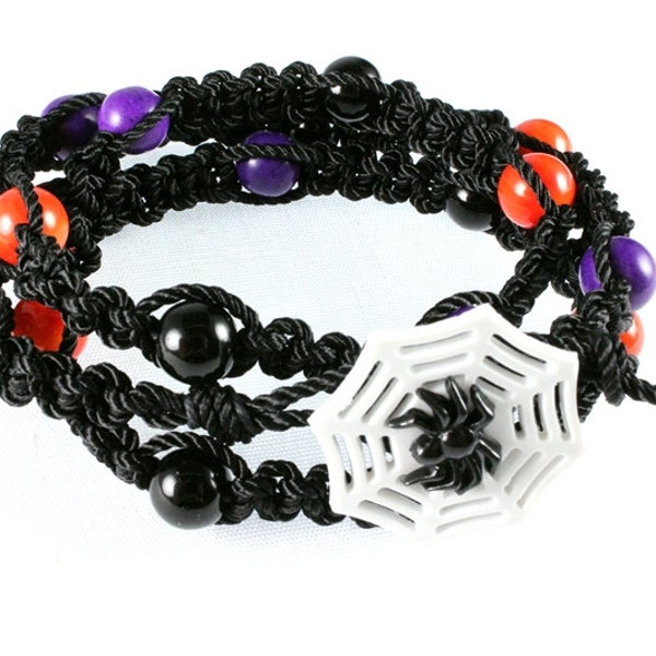 Halloween Macrame Bracelet, Triple Wrap, Black, Orange, Purple