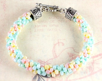 Pastel Kumihimo Bracelet, Spring Kumihimo Bracelet, Easter Bracelet, Beaded Kumihimo Bracelet