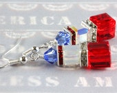 Patriotic Red White and Blue Crystal Cube Earrings with Sterling Silver Ear Wires, USA Patriotic Swarovski Earrings