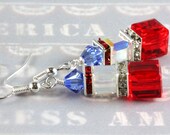 Patriotic Red White and Blue Crystal Cube Earrings with Sterling Silver Ear Wires, USA Patriotic Swarovski Earrings