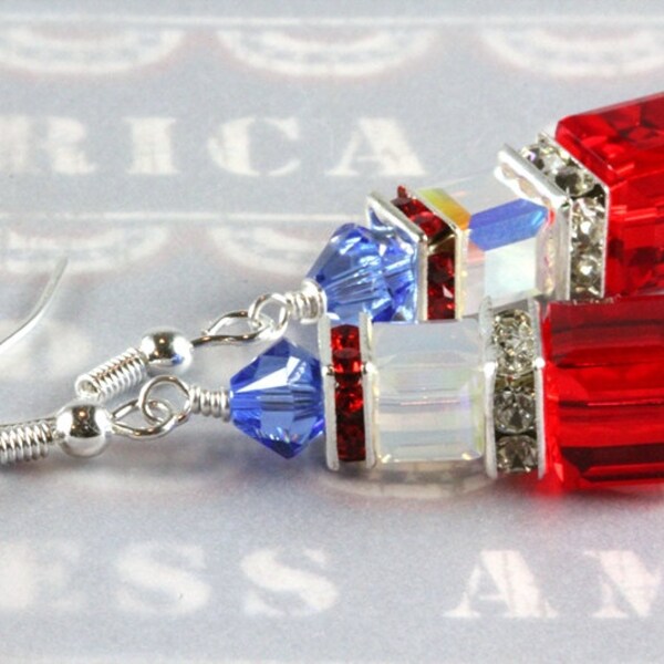 Patriotic Red White and Blue Crystal Cube Earrings with Sterling Silver Ear Wires, USA Patriotic Swarovski Earrings