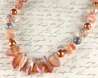 Peach Quartz Crystal Necklace - Titanium Crystal Quartz - Raw Stone Necklace - Statement Necklace - Peach Gemstones - Sterling Silver