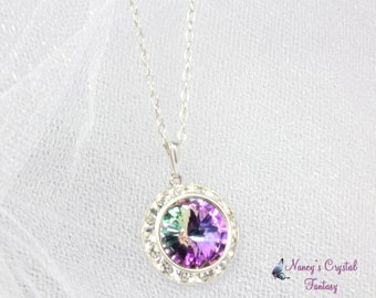 Lavender Austrian Crystal Halo Pendant with Sterling Silver, Austrian Vitrail Light, Rivoli Crystals, June Birthday Gift, Bridal Necklace