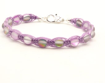 Purple Macrame Bracelet, Mermaid Bead Herringbone Weave Bracelet, Purple Woven Bracelet, Purple Iridescent Beads