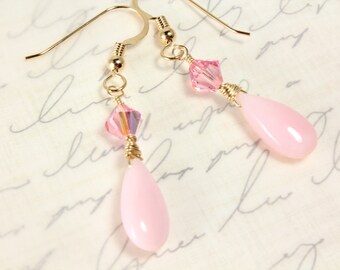 Pink Peruvian Opal Earrings, Swarovski Crystals, Gold Filled, Teardrop Opals, October Birthstone, Bridal Earrings, Breast Cancer Awareness