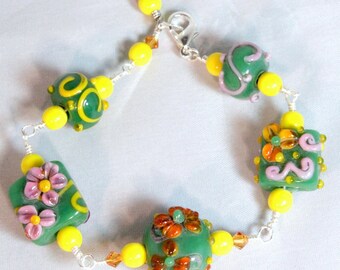 Green Floral Lampwork Bracelet, Wire Wrapped, Green Lampwork