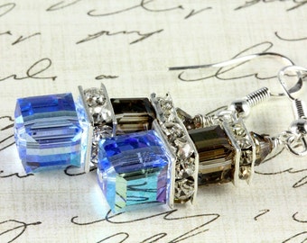 Swarovski Crystal Cube Stack Earrings, Sapphire Blue, Sterling Silver, September birthstone, Bridal Earrings, Bridesmaid Earrings