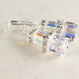 Boucles doreilles en cristal Swarovski, boucles doreilles Aurora Borealis, boucles doreilles Crystal Cube, argent fin, boucles doreilles nuptiales, pierre de naissance davril image 1