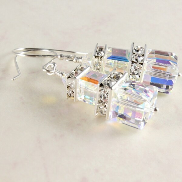 Swarovski Crystal Earrings, Aurora Borealis Earrings, Crystal Cube Earrings, Fine Silver, Bridal Earrings, April Birthstone