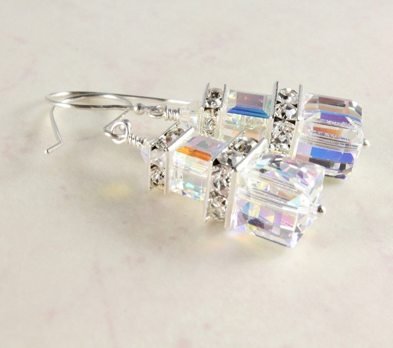 Swarovski Crystal Earrings, Aurora Borealis Earrings, Crystal Cube Earrings, Fine Silver, Bridal Earrings, April Birthstone image 1