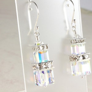 Swarovski Crystal Earrings, Aurora Borealis Earrings, Crystal Cube Earrings, Fine Silver, Bridal Earrings, April Birthstone image 4