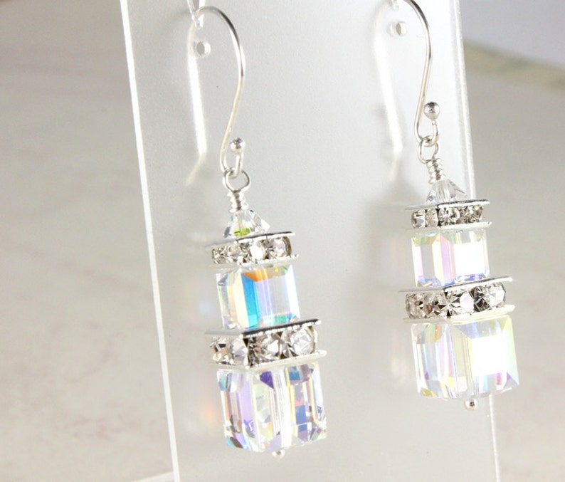 Swarovski Crystal Earrings, Aurora Borealis Earrings, Crystal Cube Earrings, Fine Silver, Bridal Earrings, April Birthstone image 4