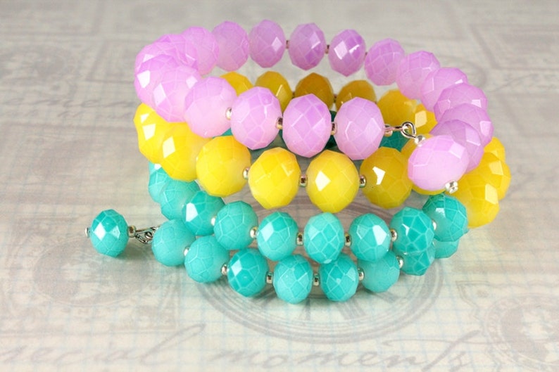 Pastel Memory Wire Bracelet and Earrings, Opaque Crystals, Spring, Easter image 3