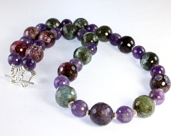 Green and Purple Agate and Amethyst Necklace, Agate and Amethyst Necklace, Sterling Silver, Chunky Necklace, Gemstone Necklace