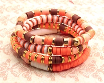 Clay Bead Bracelet, Fall Heishi Bracelets, Stack Stretch Bracelets, Trending Jewelry, Brown-Orange-Peach-White