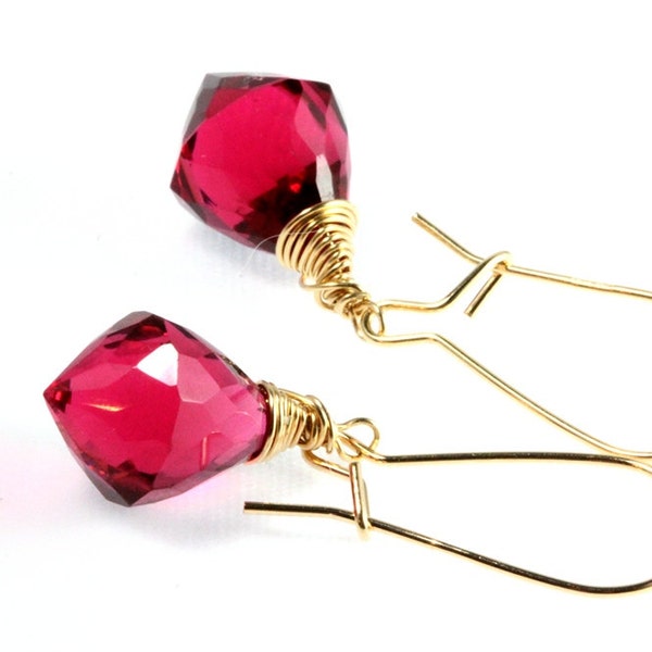 Ruby Look Hot Pink Quartz Briolette Earrings with Gold Fill, July Birthstone, Wrapped Briolettes, Minimalist, Valentine Gift
