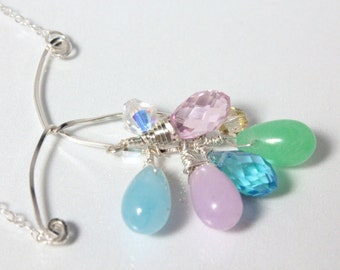 Pastel Jade and Crystal Necklace, Easter Necklace, Spring Necklace, Swarovski Crystals, Sterling Wire