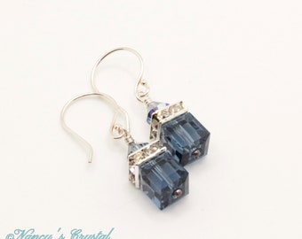 Denim Blue Austrian Crystal Cube Earrings, Sapphire Blue Earrings, Sterling Silver, September Birthstone Earrings