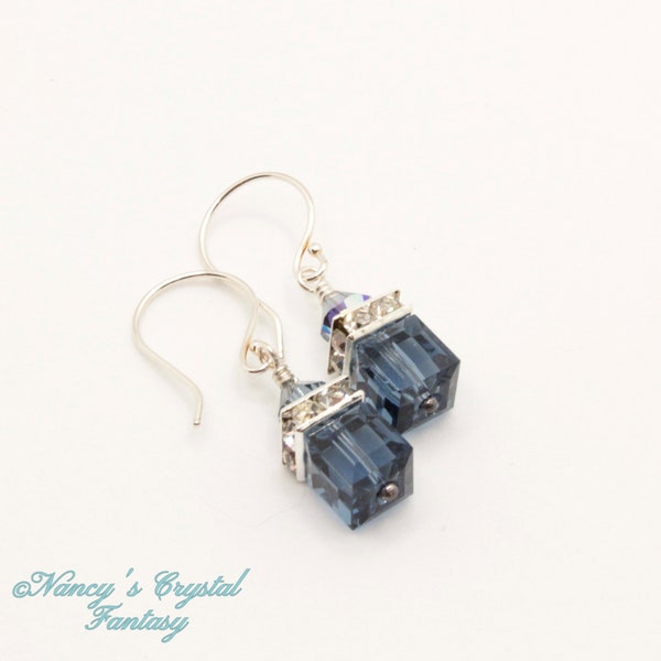 Denim Blue Austrian Crystal Cube Earrings, Sapphire Blue Earrings, Sterling Silver, September Birthstone Earrings