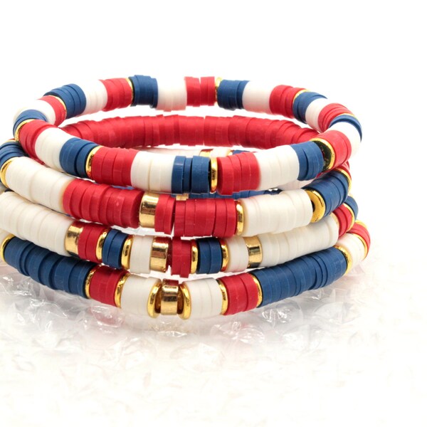 Red, White, and Blue Stackable Bracelets, Patriotic Bracelets, Stretch Bracelets, Polymer Clay Beads, 1 or all 4, Fourth of July Bracelets