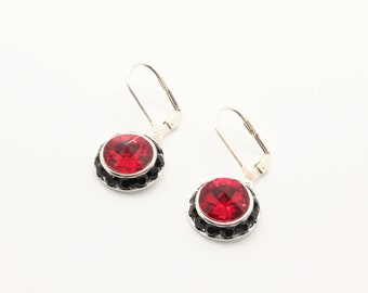Rote und schwarze Ohrringe, feine österreichische Kristall Ohrringe, Rivoli rote und schwarze Schulfarben, Spieltag Ohrringe