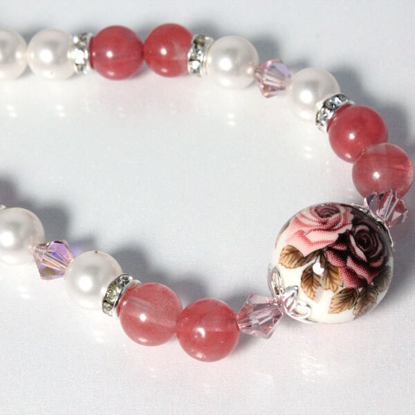 Tensha collier, collier de Quartz cerise, Cherry Quartz et perles, perles Tensha japonaises, printemps, Pâques