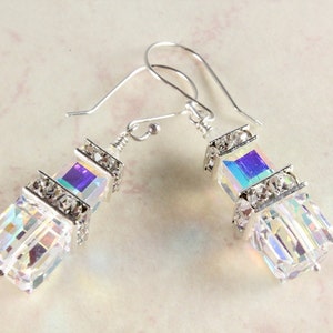 Swarovski Crystal Earrings, Aurora Borealis Earrings, Crystal Cube Earrings, Fine Silver, Bridal Earrings, April Birthstone image 5