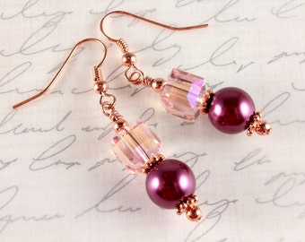 Pink Pearl and Crystal Earrings, Bordeaux, Burgundy, Copper, Bridal, Wedding, Bridesmaid