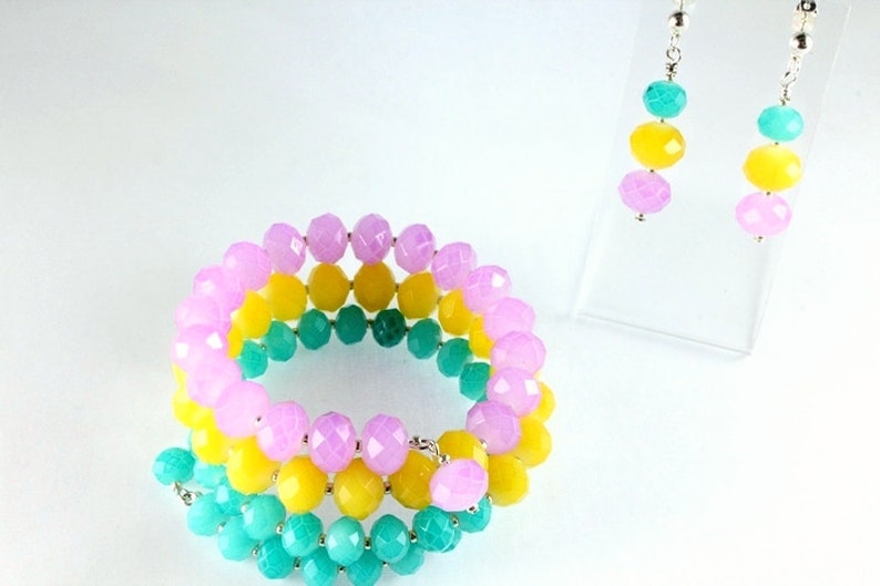 Pastel Memory Wire Bracelet and Earrings, Opaque Crystals, Spring, Easter image 5